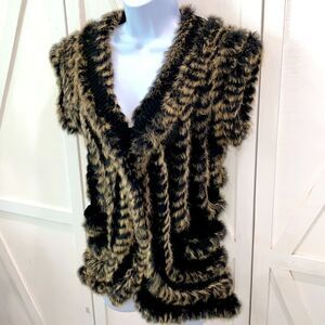 Mushka By Sienna Rose Rabbit Fur Black And Tan Vest Cardigan With Pockets Size S